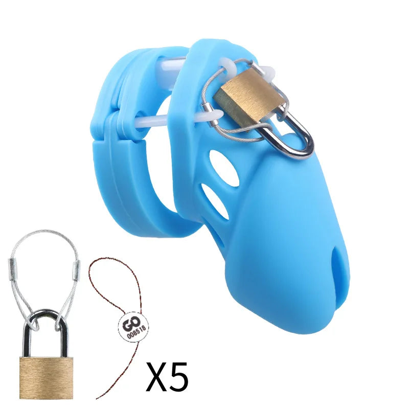 Cage de chasteté en silicone – 2 tailles (70 mm ou 90 mm) avec 5 anneaux et accessoires