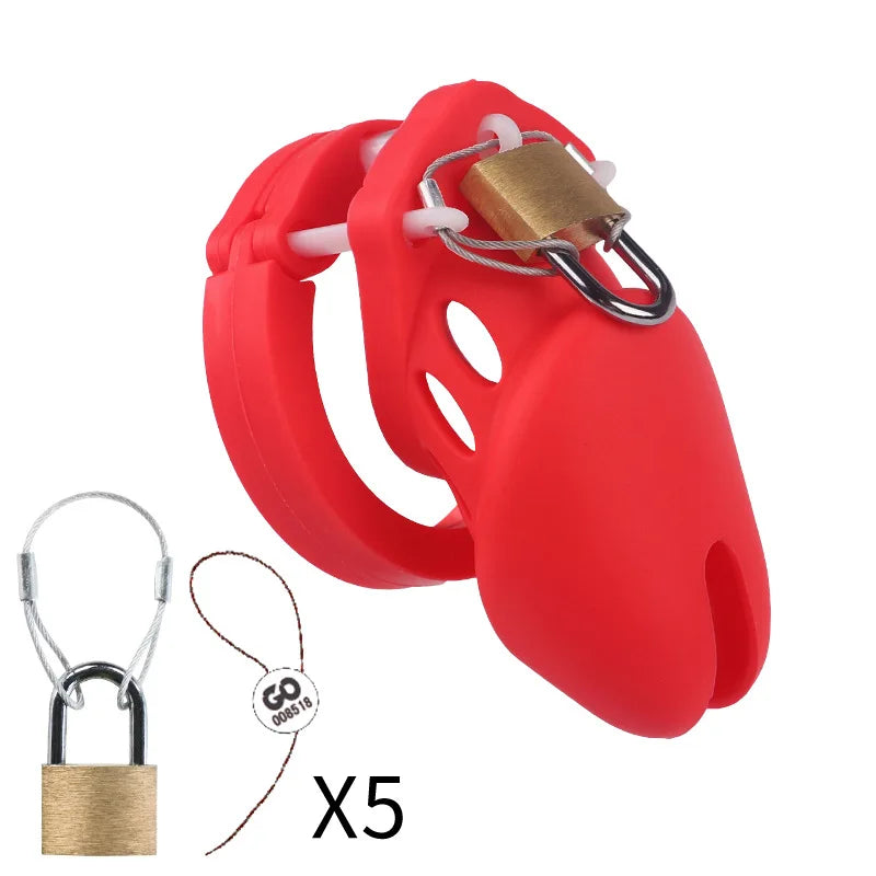 Cage de chasteté en silicone – 2 tailles (70 mm ou 90 mm) avec 5 anneaux et accessoires