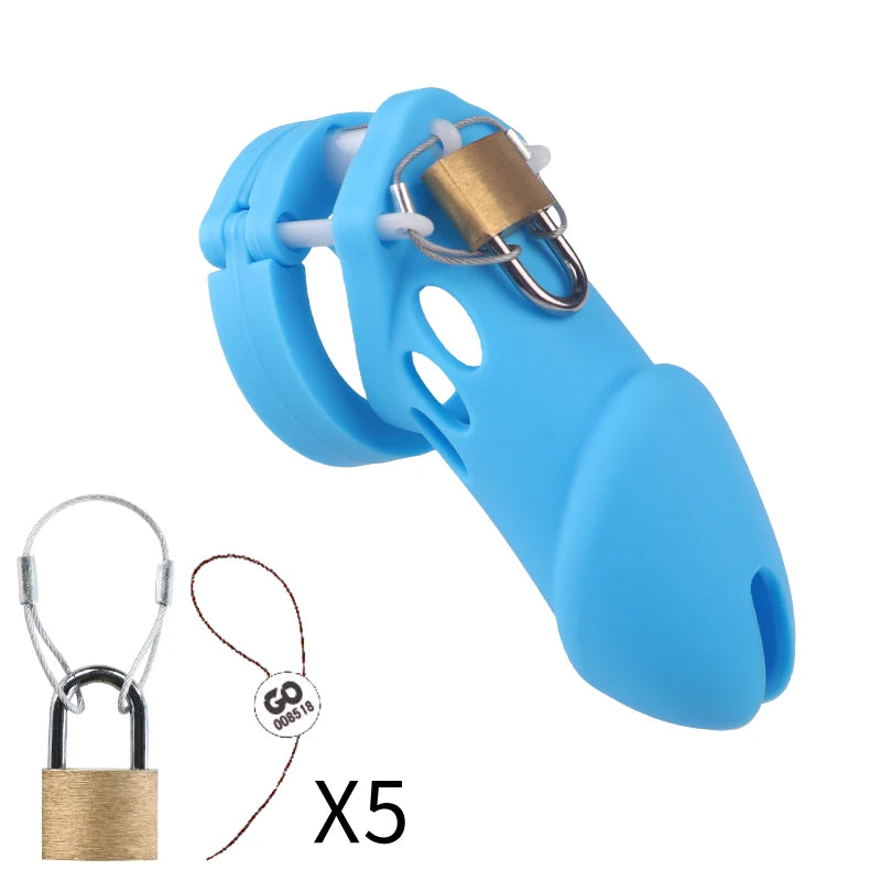 Cage de chasteté en silicone – 2 tailles (70 mm ou 90 mm) avec 5 anneaux et accessoires