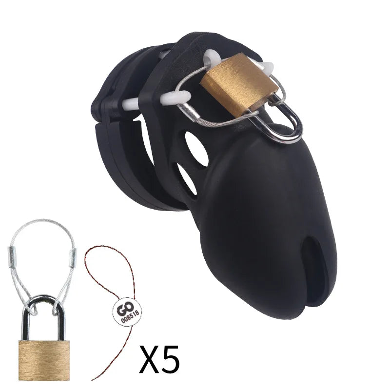 Cage de chasteté en silicone – 2 tailles (70 mm ou 90 mm) avec 5 anneaux et accessoires
