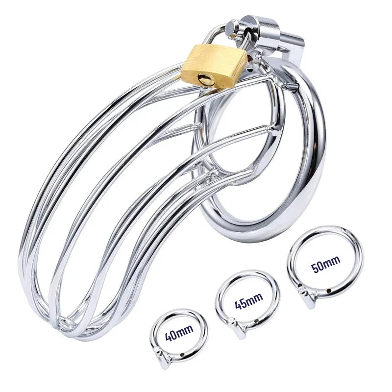 Cage de chasteté avec plug urétral en acier inoxydable – cadenas et 3 anneaux ajustables