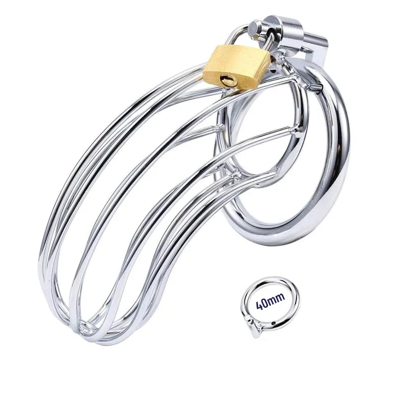 Cage de chasteté avec plug urétral en acier inoxydable – cadenas et 3 anneaux ajustables